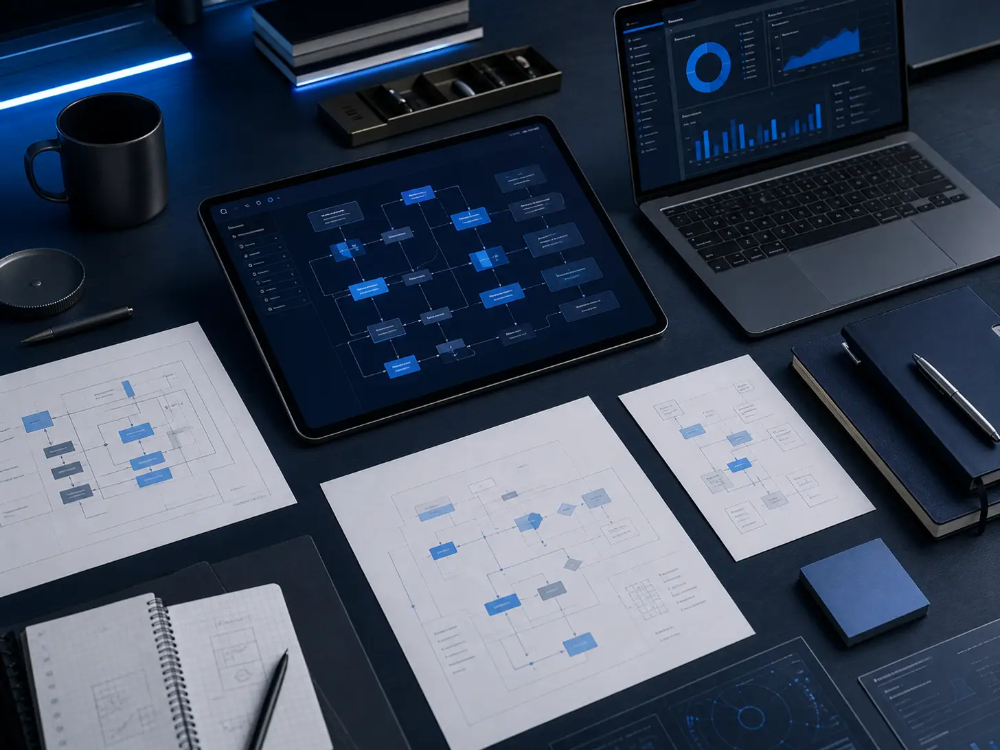 Digital architecture diagrams and connected business systems arranged on a strategy workspace